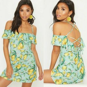 NWOT Green Lemon Print Strappy Back Skater Dress